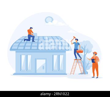 Hausverbesserungskonzept. Arbeiter, die das Dach reparieren. Baugruppe, Dachdecker, Meister, flacher Vektor moderne Illustration Stock Vektor