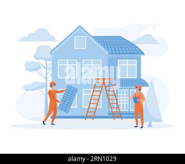 Hauswartungskonzept. Dach- und Kellerservice, Austausch und Installation von Fenstern und Türen, Glasscherben, flacher Vektor, moderne Illustration Stock Vektor