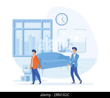 Hausreparaturdienste, professionelle Arbeiter, Jungs verschieben Sofamöbel im Zimmer. Flache Vektor-moderne Illustration Stock Vektor
