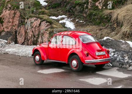 Vyborg, Russland - 15. April 2023: Der rote Volkswagen Kafer steht auf einem Straßenrand, Rückansicht Stockfoto