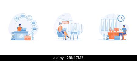 Home Office-Konzept. Arbeitet von zu Hause mit Laptop, Freelancer oder Blogger Home Office, Set Flat Vektor moderne Illustration Stock Vektor