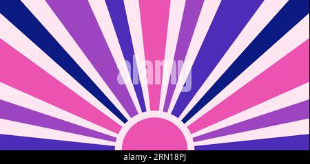 70er Jahre altmodisches, farbenfrohes Banner mit strahlenden Linien. Retro-Hintergrund mit Sonnenschein. Vintage gestreifte Kulisse mit Sonne. Heller groovender Plakatvektor. Stock Vektor