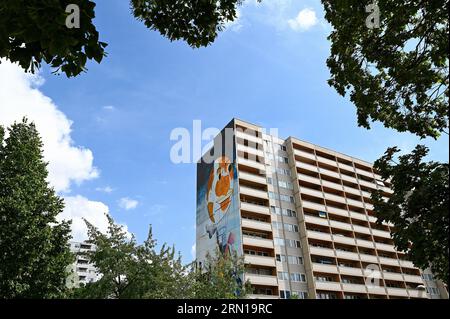 Artpark Tegel, Urban Street Art auf 8 Hochhäusern in Berlin Tegel, Jim Avignon; Ballon Stockfoto