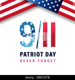 9/11 Patriot Day USA nie vergessen mit Flaggen. Vektor-Konzeptzeichnung für Patriot Day USA. Wir werden den 11. September 2001 nie vergessen, Poster Stock Vektor