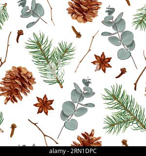 Nahtloses Weihnachtsmuster mit Tannenzapfen, Weihnachtsbaum, Eukalyptus, Anis, Nelken und Zweigen. Stock Vektor