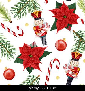 Nahtloses Weihnachtsmuster mit Weihnachtsstern, Tannenzweigen und Weihnachtsdekorationen. Stock Vektor