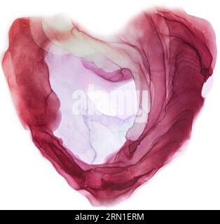 Abstraktes Herz mit Alkoholtinte bemalt. Leuchtend roter, rosa, violetter Hintergrund. Stockfoto