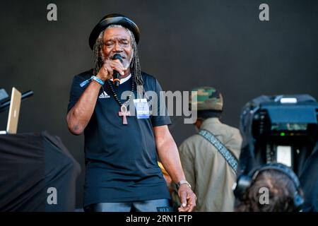 Reggae-Legende Horace Andy auf der Mountain Stage beim Green man Festival in Wales, Großbritannien, August 2023. Foto: Rob Watkins Stockfoto