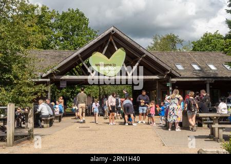 Alice Holt Forest Visitor Centre an einem geschäftigen Sommertag mit vielen Leuten an Familientagen, Hampshire, England, Großbritannien Stockfoto