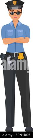 Ernste Polizistin mit gekreuzten Armen. Stehende Polizistin in Arbeitsuniform-Karikaturvektorillustration Stock Vektor