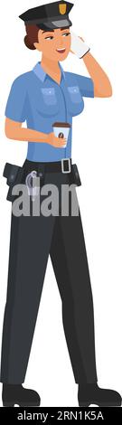Polizistin telefoniert. Polizistin mit Kaffee-Cartoon-Vektor-Illustration zum Mitnehmen Stock Vektor