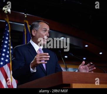 (150108) -- WASHINGTON D.C., 8. Januar 2015 -- Sprecher des US-Repräsentantenhauses John Boehner spricht auf einer Pressekonferenz auf dem Capitol Hill in Washington D.C., Hauptstadt der Vereinigten Staaten, 8. Januar 2015. John Boehner, ein Republikaner aus dem Bundesstaat Ohio, wurde am Dienstag zum Sprecher des Repräsentantenhauses der Vereinigten Staaten wiedergewählt. US-WASHINGTON-CONGRESS-HOUSE-BOEHNER-PRESSEGESPRÄCH BaoxDandan PUBLICATIONxNOTxINxCHN Washington D C Jan 8 2015 Sprecher des Repräsentantenhauses der USA John Boehner spricht ÜBER eine Pressekonferenz AUF DEM Capitol Hill in Washington D C Hauptstadt des Vereinigten Staaten Stockfoto