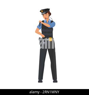 Polizistin trägt kugelsichere Weste. Polizeibeamte Sicherheitsausrüstung Karikaturvektor Illustration Stock Vektor