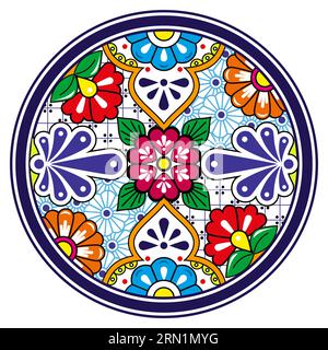 Mexikanisches Talavera-Keramik- oder Keramikdesign mit Vektorplatte, runder dekorativer Hintergrund, inspiriert von traditionellen Designs aus Mexiko Stock Vektor