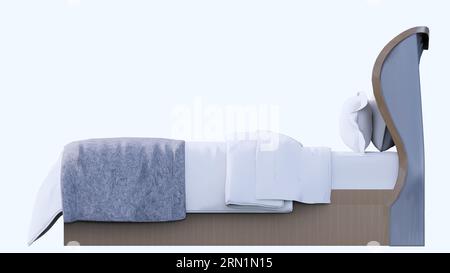 Leeres blau-weißes Bett mit Kopfkissen, Seitenansicht, weißem Hintergrund aus natürlichem Holz, Kopfbett, Bettdecke Stockfoto