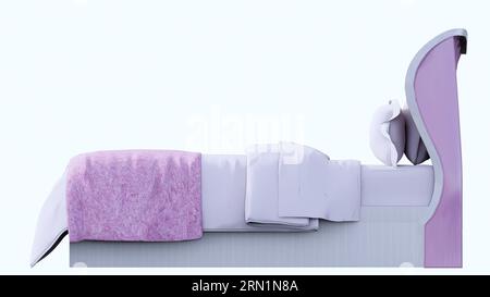 Leeres rosa-weißes Bett mit Kopfkissen, Seitenansicht, weißem Hintergrund aus natürlichem Holz, Kopfbett, Bettdecke Stockfoto