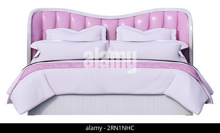 Leeres rosa-weißes Bett mit Kopfkissen, Vorderansicht, weißem Hintergrund aus natürlichem Holz, Kopfbett, Bettdecke Stockfoto