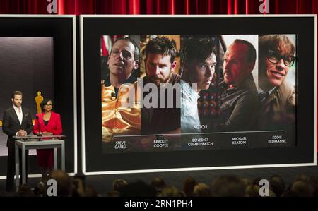 (150115) -- LOS ANGELES, 15. Januar 2015 -- Schauspieler Chris Pine (L) und der Präsident der Academy of Motion Picture Arts and Sciences Cheryl Boone Isaacs (R) kündigen die Nominierungen für den besten Schauspieler in einer Hauptrolle während der Nominierungen für die 87. Academy Awards in Beverly Hills, Kalifornien, USA, am 15. Januar 2015 an. US-LOS ANGELES-OSCARS-NOMINIERUNGEN YangxLei PUBLICATIONxNOTxINxCHN Los Angeles 15. Januar 2015 Schauspieler Chris Pine l und der Präsident der Academy of Motion Picture Arts and Sciences Cheryl Boone Isaacs r kündigen die NOMINIERUNGEN für den besten Schauspieler in einer führenden Rolle während der NOMINIERUNGEN A an Stockfoto