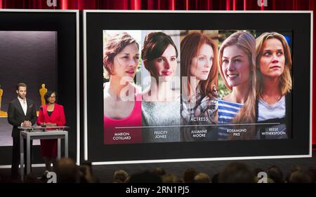 (150115) -- LOS ANGELES, 15. Januar 2015 -- Schauspieler Chris Pine (L) und der Präsident der Academy of Motion Picture Arts and Sciences Cheryl Boone Isaacs (R) kündigen die Nominierungen für die beste Schauspielerin in einer führenden Rolle während der Nominierungen für die 87. Academy Awards in Beverly Hills, Kalifornien, USA, am 15. Januar 2015 an. US-LOS ANGELES-OSCARS-NOMINIERUNGEN YangxLei PUBLICATIONxNOTxINxCHN Los Angeles 15. Januar 2015 Schauspieler Chris Pine l und der Präsident der Academy of Motion Picture Arts and Sciences Cheryl Boone Isaacs r kündigen die NOMINIERUNGEN für die beste Schauspielerin in einer führenden Rolle während der NOMINATIO an Stockfoto