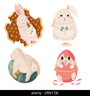 Sticker für die osterhasenkollektion im Frühling. Frohe Ostern süßer Hase mit Eiern. Stock Vektor