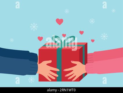 Einfache flache Vektor-Illustration der menschlichen Hände geben Geschenk, für Weihnachten, valentinstag, Jubiläumsthema und Hintergrund Stock Vektor