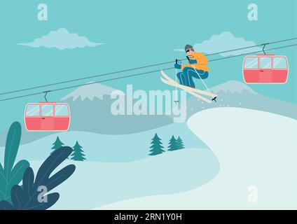 Einfache flache Vektor-Illustration des Menschen Skifahren auf schneebedeckten Berg Resort Stock Vektor