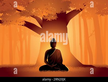 Vektor-Illustration von Siddhartha Gautama erleuchtet unter Bodhi Baum, Erleuchtung des Buddha unter dem Bodhi Baum Stock Vektor