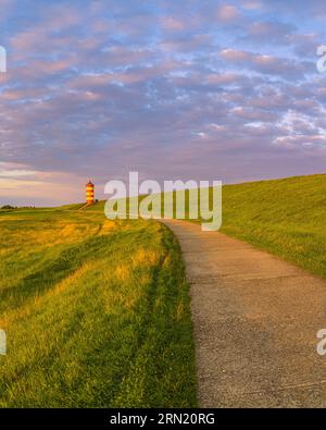 Ein vertikales 4:5 Foto von einem schönen Sommermorgen am Leuchtturm von Pilsum, zwischen Pilsum und Greetsiel am Nordseedeich, der dazu gehört Stockfoto