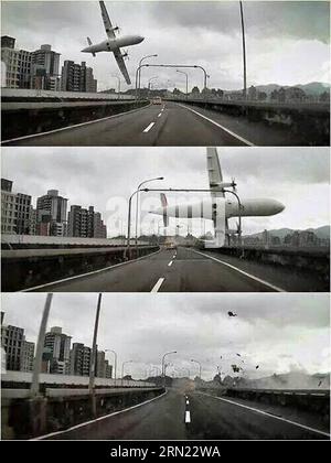 (150204) -- TAIPEI, 4. Februar 2015 -- kombinierte Fotos, die von einem Fahrzeugdatenschreiber aufgenommen wurden, zeigen einen Flugzeugabsturz über einer Brücke in Taipeh, Südostchinas Taiwan, 4. Februar 2015. Ein Flugzeug der Taiwan TransAsia Airways stürzte am Mittwoch in einen Taipei-Fluss, an dem mehr als 50 Menschen an Bord waren, bestätigte die Zivilluftfahrtbehörden Taiwans. Der Kontakt mit dem ATR-72-Flug, der von Taipei nach Kinmen geplant war, ging um 11 Uhr morgens verloren, dann wurde das Flugzeug im Fluss an der Nanhu-Brücke gefunden. (mt) (FOCUS) CHINA-TAIPEI-FLUGZEUG-UNFALL (CN) Photomall PUBLICATIONxNOTxINxCHN 150204 Taipei 4. Februar 2015 Stockfoto