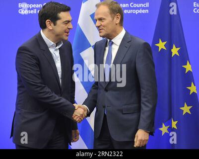 (150204) -- BRÜSSEL, 4. Februar 2015 -- der Präsident des Europäischen Rates Donald Tusk (R) trifft sich am 4. Februar 2015 mit dem griechischen Premierminister Alexis Tsipras am EU-Hauptsitz in Brussles, Belgien. ) BELGIEN-BRÜSSEL-EU-TUSK-GRIECHENLAND-TSIPRAS-TREFFEN YexPingfan PUBLICATIONxNOTxINxCHN Brüssel 4. Februar 2015 der Präsident des Europäischen Rates, Donald Tusk r, trifft sich mit dem griechischen Premierminister Alexis Tsipras AM EU-Sitz in Belgien 4. Februar 2015 Belgien Brüssel EU-Tusk Griechenland Tsipras, Treffen PUBLICATIONxNOTxINxCHN Stockfoto