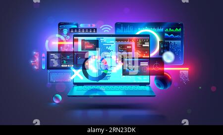 Software-Entwicklungstechnologie. App-Programmierung auf Laptop für Mobiltelefon, Tablet. Programmiercode-Schnittstelle dev auf dem Bildschirm Laptop, Telefon, Tablet. Softw Stock Vektor