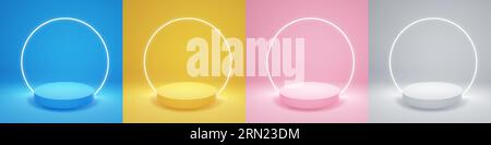 Minimalistisches Podium mit einer Neonlampe in weiß, Gelb, Pink und Blau. Stock Vektor