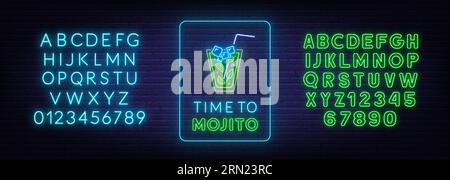 Zeit für Mojito-Neonschrift auf Backsteinwand-Hintergrund. Blaues und grünes Neonalphabet Stock Vektor