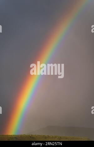Spektakulärer farbenfroher Regenbogen über dem Horizont während eines herannahenden Sturms Stockfoto
