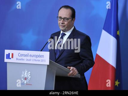 (150212) -- BRÜSSEL, 12. Februar 2015 -- der französische Präsident Francois Hollande spricht auf einer Pressekonferenz nach dem EU-Gipfel am 12. Februar 2015 in Brussles, Belgien. ) BELGIEN-BRÜSSEL-EU-GIPFEL YexPingfan PUBLICATIONxNOTxINxCHN Brüssel 12. Februar 2015 französischer Präsident Hollande spricht nach dem EU-Gipfel AM EU-Sitz in Belgien 12. Februar 2015 Belgien Brüssel EU-Gipfel PUBLICATIONxNOTxINxCHN Stockfoto