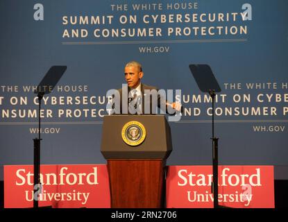 (150213) -- KALIFORNIEN, 13. Februar 2015 -- US-Präsident Barack Obama spricht auf dem Gipfel des Weißen Hauses über Cybersicherheit und Verbraucherschutz in Kalifornien, USA, am 13. Februar 2015. US-Präsident Barack Obama unterzeichnete am Freitag einen Erlass, in dem Unternehmen aufgefordert werden, Informationen über Cyberbedrohungen untereinander und mit der Regierung auszutauschen. ) US-CALIFORNIA-CYBERSECURITY-CONSUMER PROTECTION-OBAMA MaxDan PUBLICATIONxNOTxINxCHN Kalifornien 13. Februar 2015 US-Präsident Barack Obama spricht AUF dem White House Summit ON Cyber u200bu200bSecurity and Consumer Protection in California The Unit Stockfoto