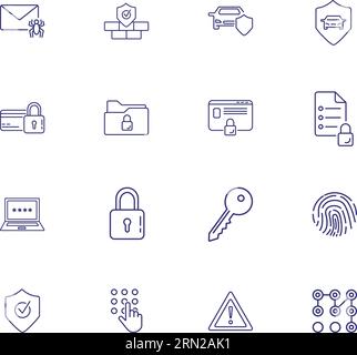 Symbolgruppe für geschützte Zugriffslinien. Fingerabdruck, Kreditkarte Stock Vektor