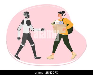 Das Mädchen kommt mit Box zur Arbeit. Roboter trifft sich, streckt ihre Hand zur Begrüßung aus. Personalbeschaffung. Zusammenarbeit, gemeinsame Arbeit. Bürokonzept. Stellen Sie bei ein Stock Vektor