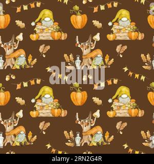 Süßer Herbstzwerg mit Kürbisernte, Aquarellmalerei, nahtlosem Muster. Herbstsaison Cartoon-Zwerg mit orangefarbener Gemüsemalerei Stockfoto
