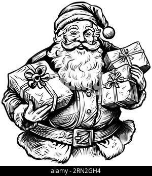 Linolschnitt-Illustration des Weihnachtsmanns mit einer Reihe von Geschenken. Stock Vektor
