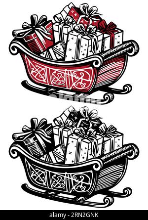 Holzschnitt-Illustration des Schlittens des Weihnachtsmanns. Stock Vektor