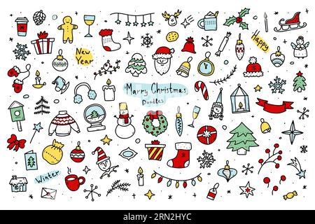 Doodle Weihnachtsset. Handgezeichnete Silvestersymbole. Schilder für Winterferien. Weihnachtsfiguren, Weihnachtsbäume, Dekorationen, Essen. Farbe Santa, Girlande geschnitten Stock Vektor