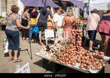 Kunden unterhalten sich, während sie sich anstellen, um an einem Stand auf dem Wochenmarkt in Plougasnou, Britanny, Frankreich, festliches Gemüse zu kaufen. Stockfoto