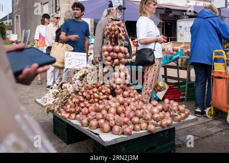 Kunden warten auf einen Stand auf dem Wochenmarkt in Plougasnou, Britanny, Frankreich, um festliches Gemüse zu kaufen. Stockfoto