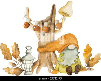 Süßer Herbstzwerg mit Pilzen, Arcons und Blättern erntet Aquarellmalerei. Herbstsaison Cartoon-Zwerg mit Laub-Aquarelle-Gemälde Stockfoto