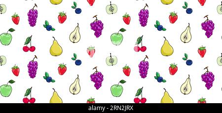 Nahtloses Muster mit Früchten und Beeren. Vektorillustration im Comic-Stil Stock Vektor