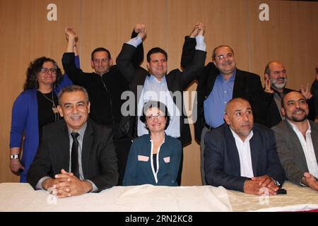 JERUSALEM, 12. März 2015 -- Aktenfoto vom 23. Januar 2015, zeigt arabische israelische Gesetzgeber in einem Treffen der Joint Arab List Kampagne in Nazareth, Israel. Eine Koalition ehemals streitbarer arabischer Parteien entwickelt sich als überraschende Kraft bei den anstehenden israelischen Wahlen und weckt die Hoffnung, dass der jüdische Staat gezwungen sein wird, seine Politik gegen diese große nationale Minderheit zu ändern. Die jüngsten Umfragen zeigen, dass die Gemeinsame Arabische Liste 10 Prozent der Stimmen gewinnen könnte, was 13 Sitze in Israels 120-köpfiger Knesset (parlament) bedeutet. JINI/) ISRAEL-WAHL-ARABISCHE PARTEIEN-VEREINIGUNG ANWRXAMARA PUBLICAT Stockfoto