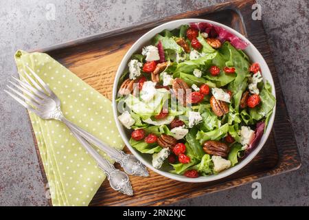 Michigan Cherry Salat mit Grünzeug, Blauschimmelkäse und Pekannuss, serviert mit einer Vinaigrette-Dressing auf dem Teller auf dem Tisch. Horizontale Draufsicht von oben Stockfoto