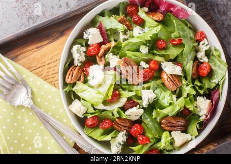 Amerikanischer Michigan-Salat mit getrockneten Kirschen, Blauschimmelkäse und Pekannuss, serviert mit einer Vinaigrette-Dressing auf dem Teller auf dem Tisch. Horizontal t Stockfoto