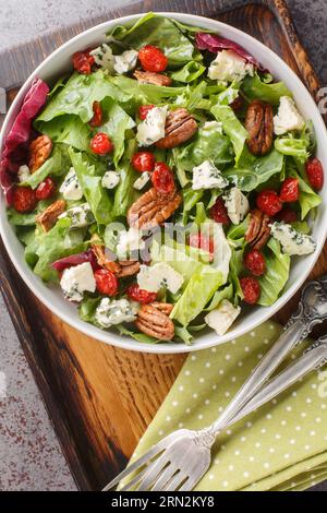 Vegetarischer Salat mit Blattsalat, Spinat, Rucola, getrockneten Kirschen, Gorgonzola-Käse, Pekannüsse mit Vinaigrette-Sauce aus nächster Nähe in einer Schüssel auf T Stockfoto